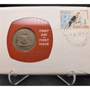 1967 Western Samoa First Day Coin Cover w/ 50 Sene & Pacific Pigeon Stamp